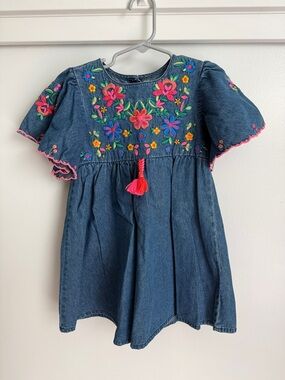 NWOT Next Denim Floral Embroidered Dress in Navy with Pink Tassel